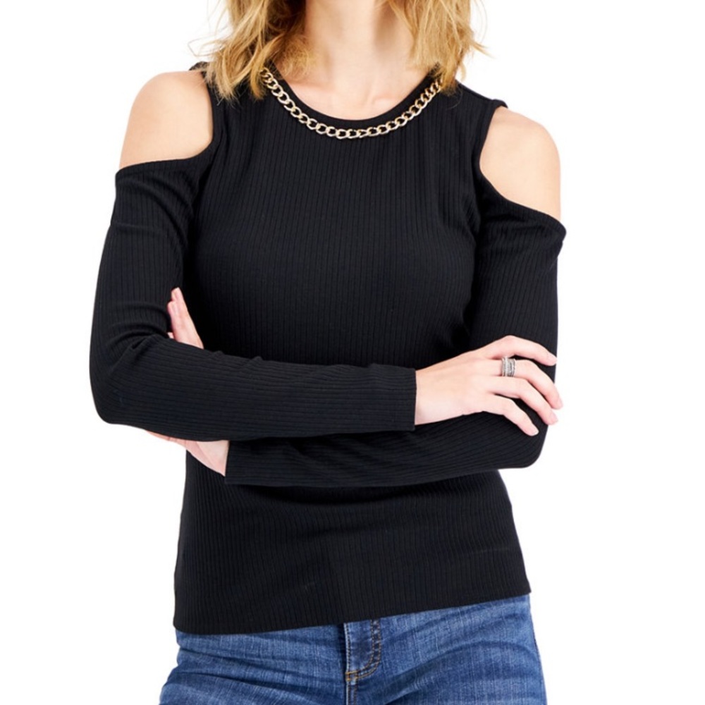 Petite Chain-Embellished Cold-Shoulder Top